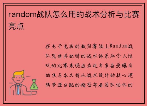 random战队怎么用的战术分析与比赛亮点
